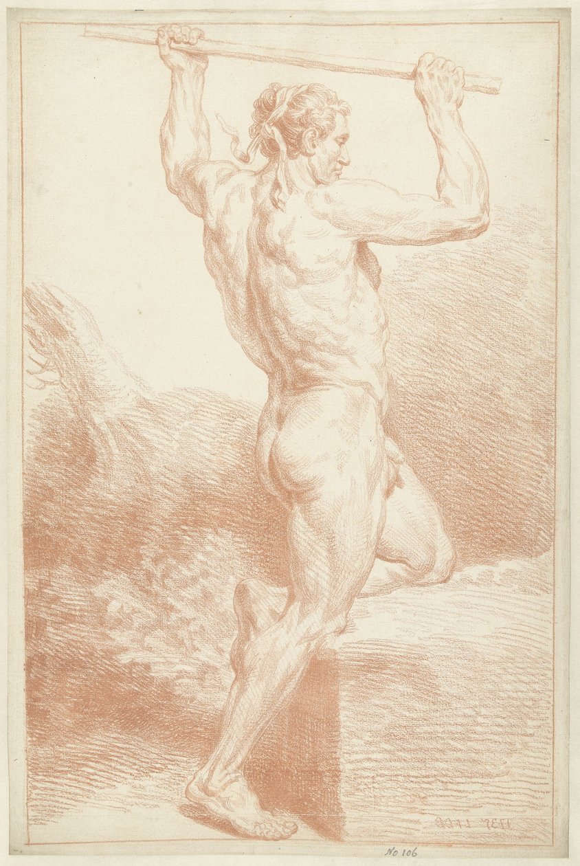 Studio di un nudo maschile, su un ginocchio, con un bastone sopra la testa da Louis Fabritius Dubourg