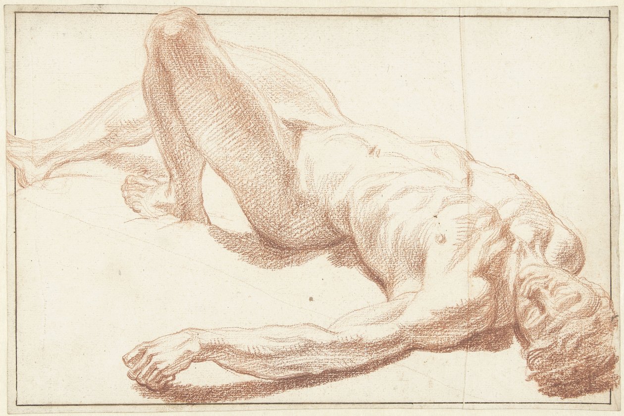 Studio di nudo maschile, sdraiato sulla schiena, con gamba distesa da Louis Fabritius Dubourg