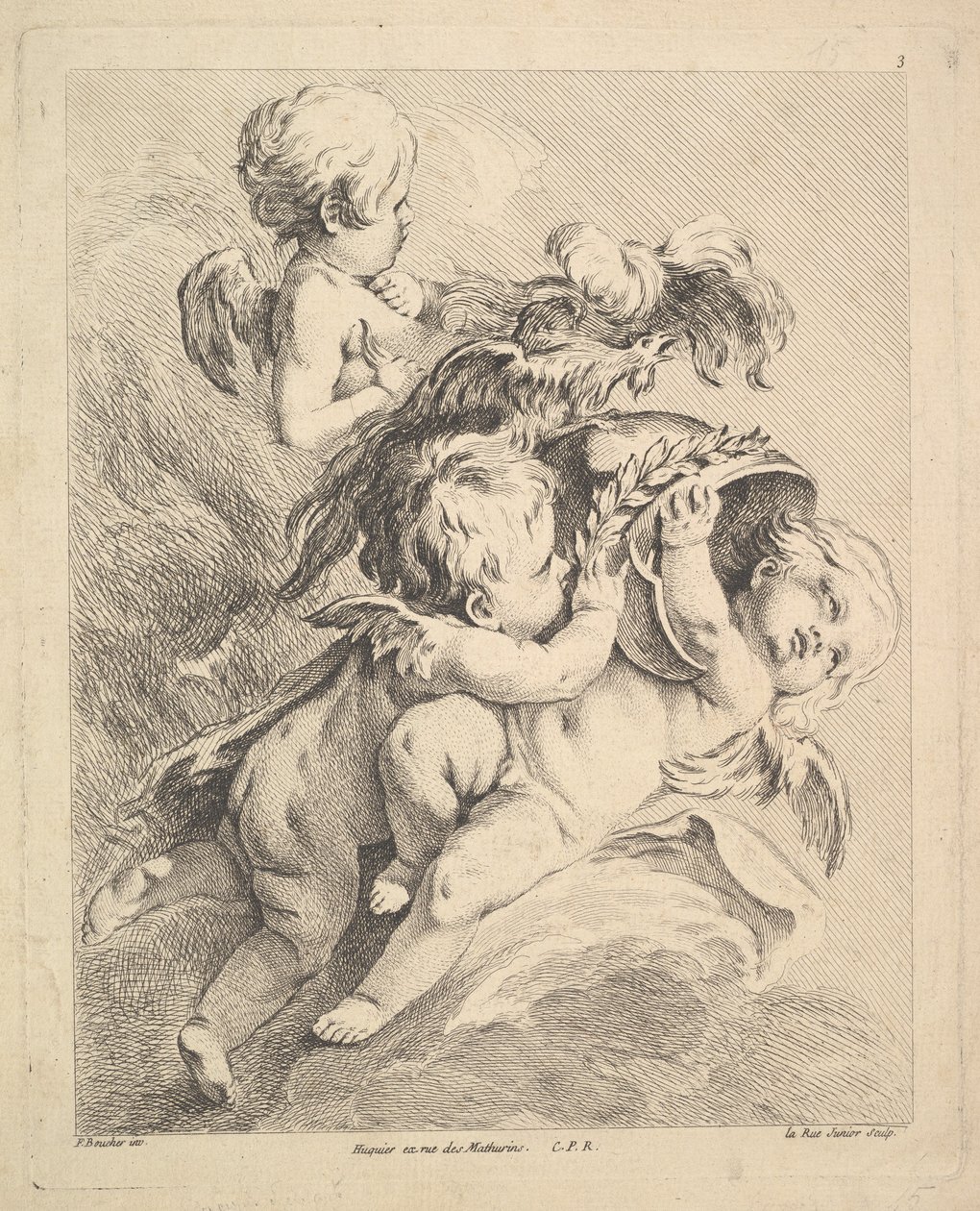 Tre Cupidi che tengono un elmo da Louis Felix de la Rue