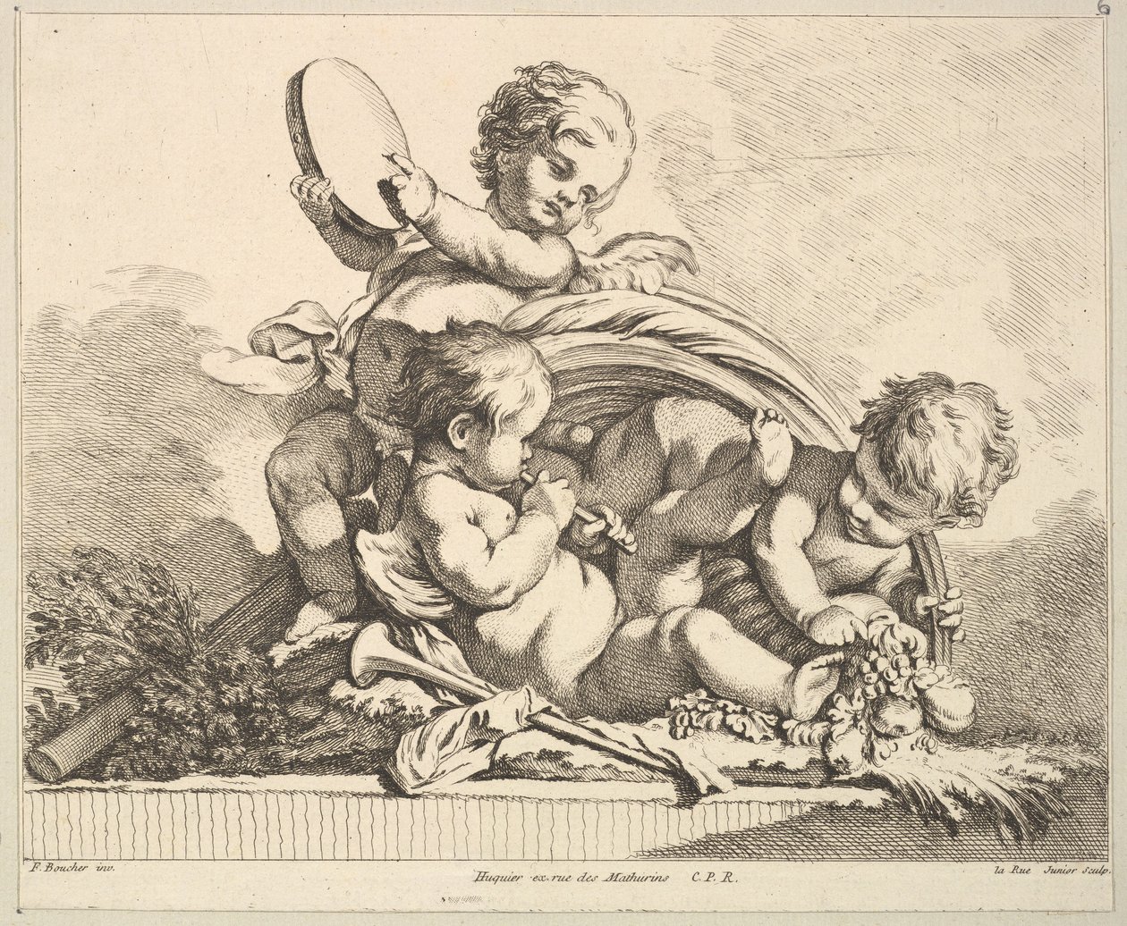 Tre Cupidi, Due che suonano musica, Uno che tiene foglie di palma da Louis Felix de la Rue