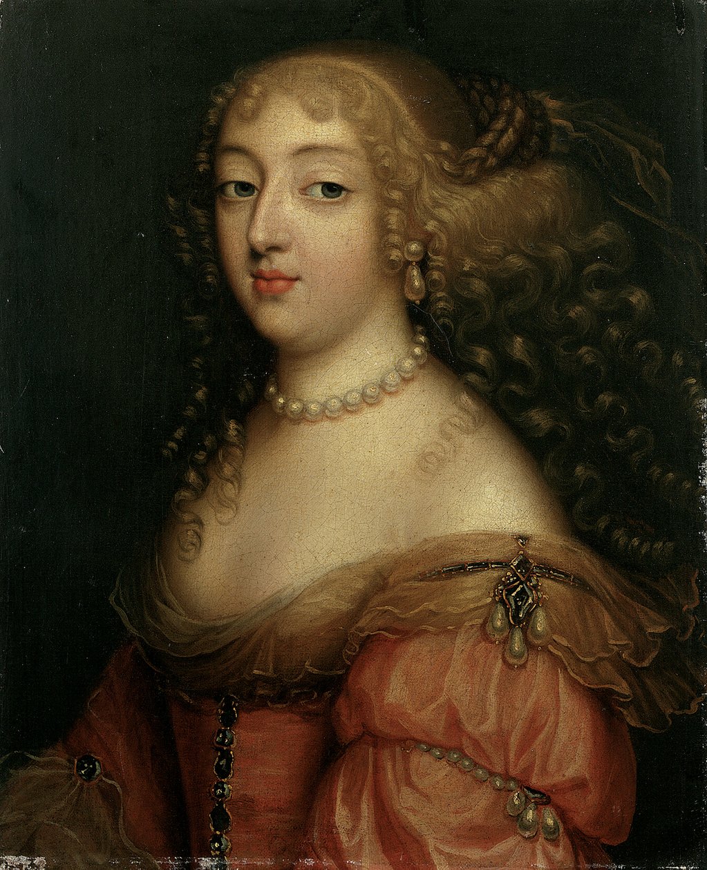 Ritratto di una signora, detta essere Laura Mancini, Duchessa di Mercoeur, busto, in un vestito rosso, con una collana di perle e orecchini da Louis Ferdinand Elle