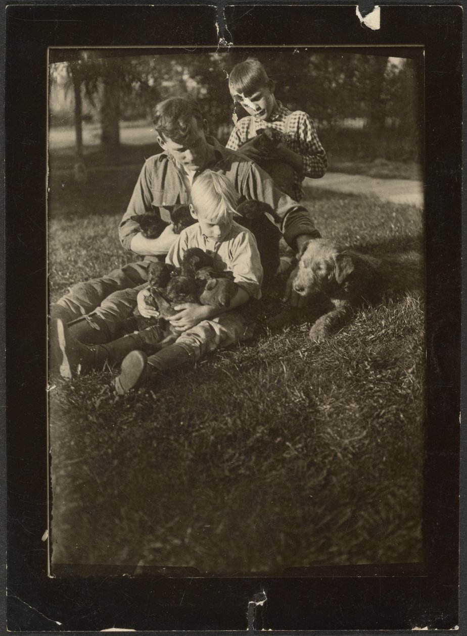 [Uomo con bambini e cuccioli in cortile] da Louis Fleckenstein