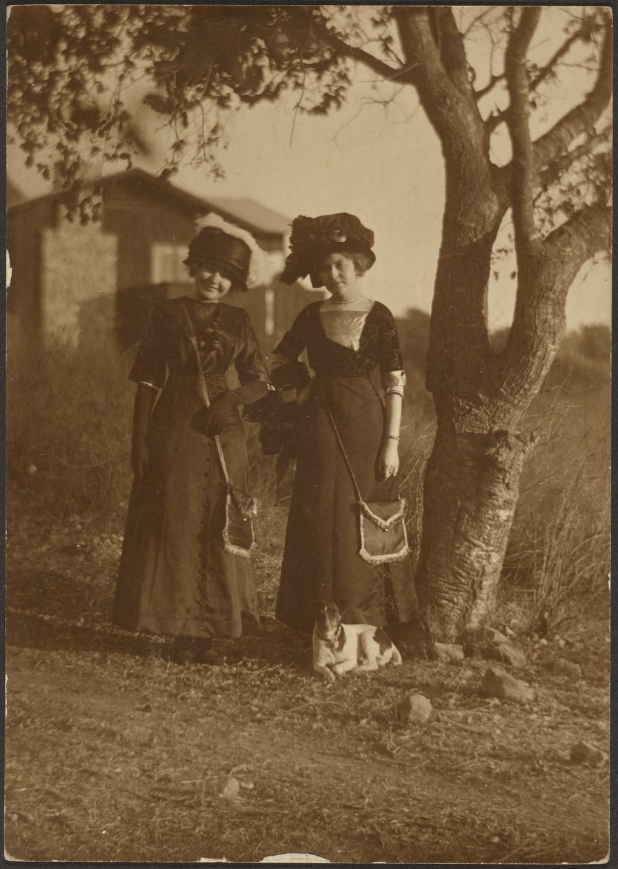 [Ritratto di due donne in abiti eleganti nel cortile sul retro] da Louis Fleckenstein