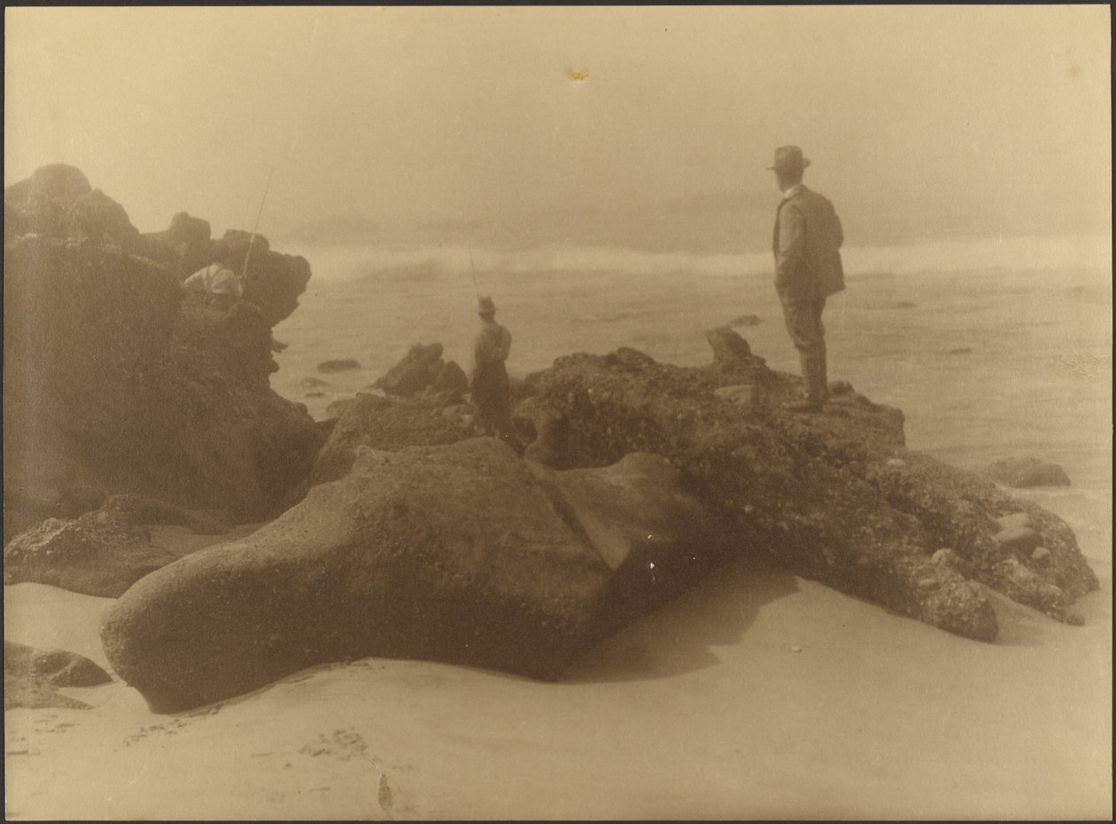 [Tre uomini che pescano dagli scogli sulla spiaggia] da Louis Fleckenstein