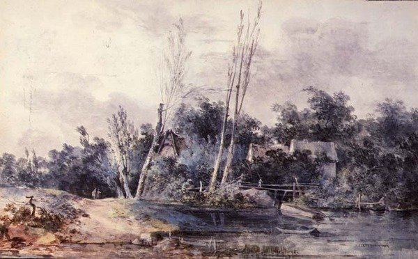 Cottage e salice vicino a un ruscello con figure da Louis Gabriel Moreau