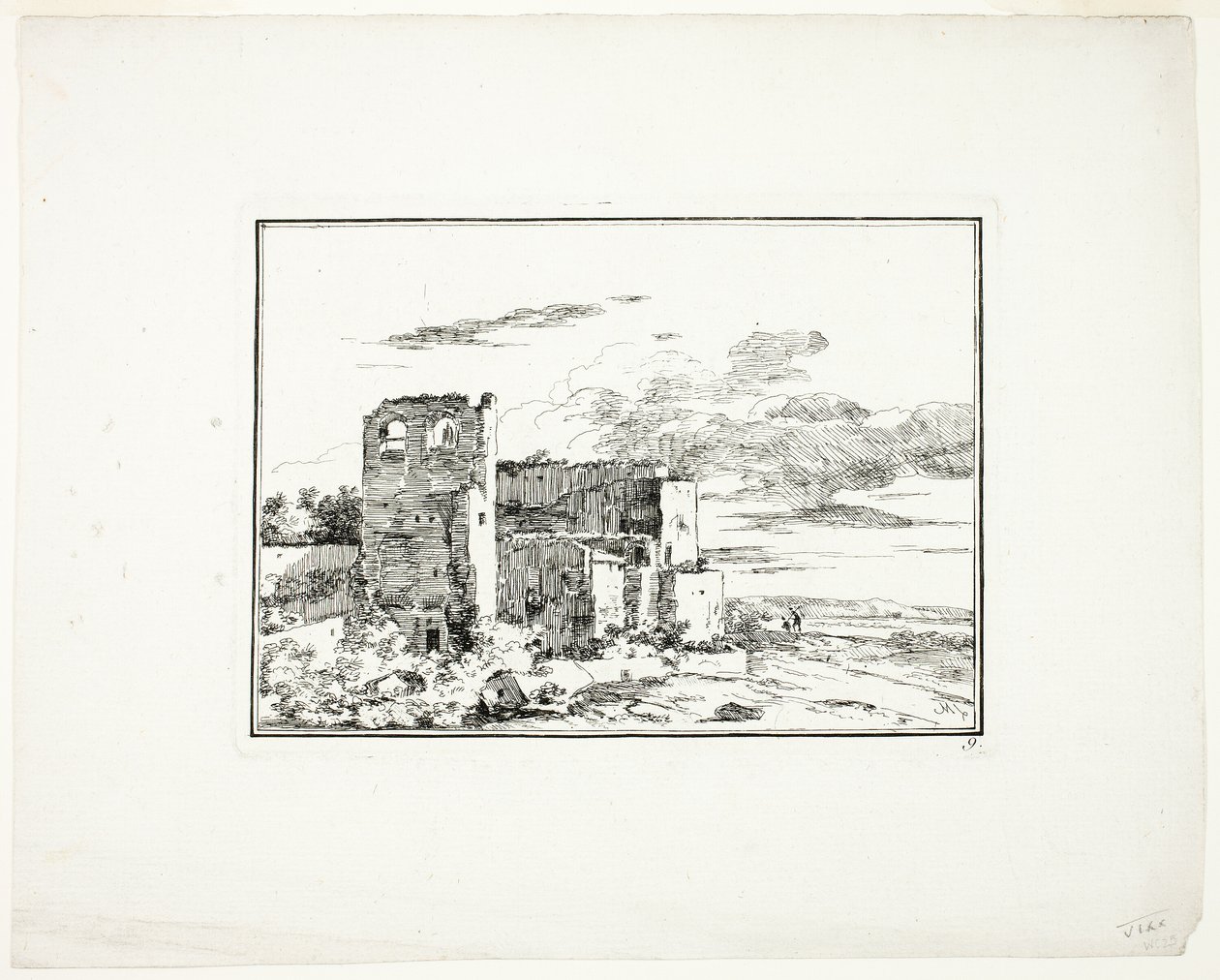 Edifici in rovina vicino alla riva di un fiume, tavola 9 da Quatrieme suite de paysages dessinés et grave a l