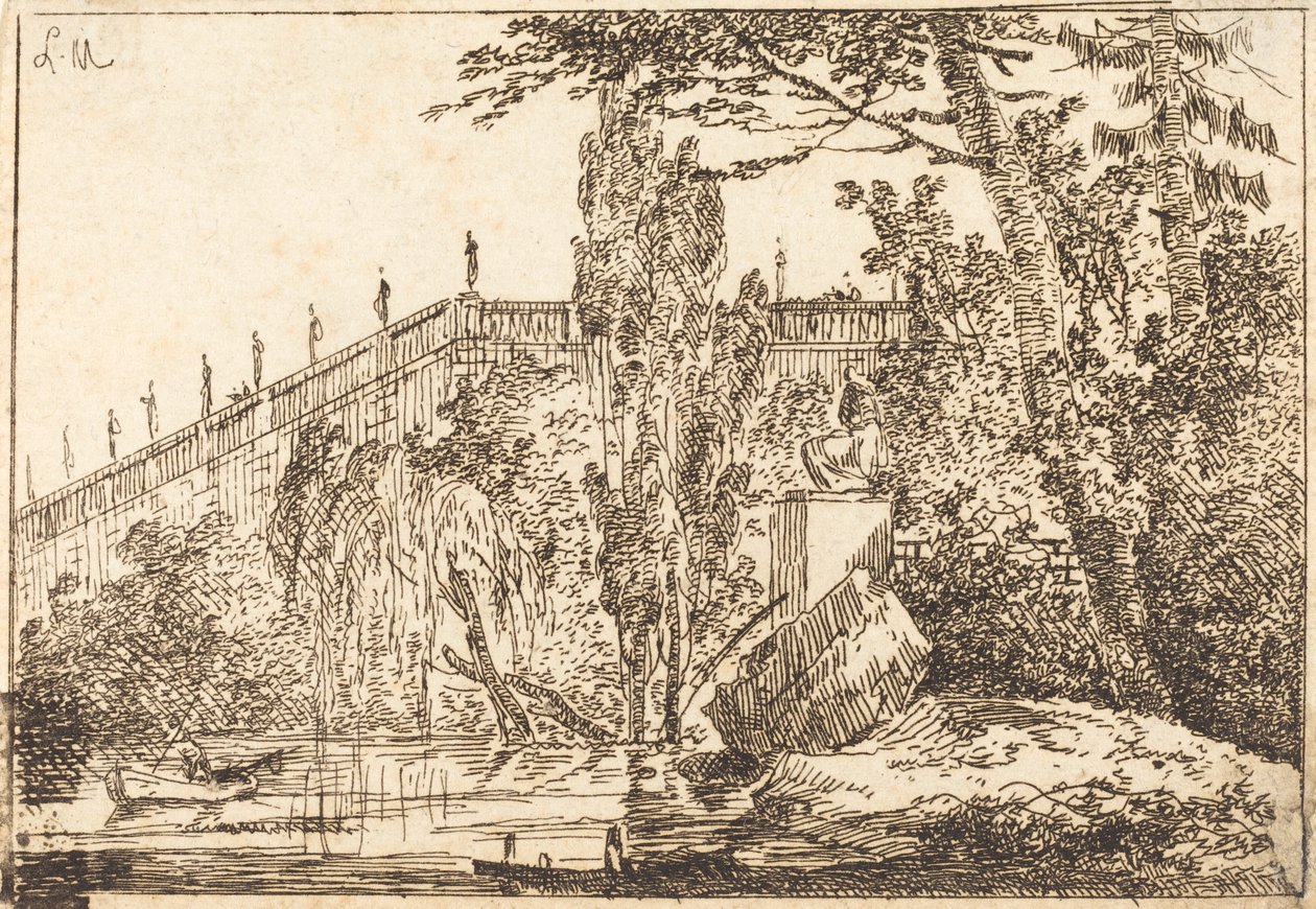 Parco con terrazza e balaustra con statue da Louis Gabriel Moreau the Elder