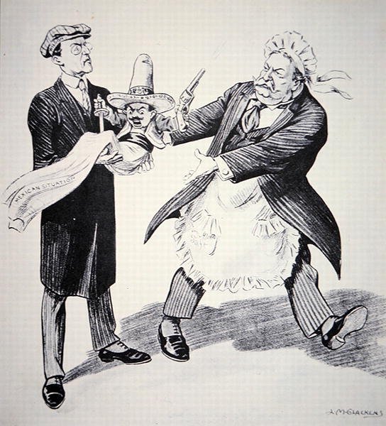 Cartone animato americano che mostra il presidente degli Stati Uniti Tuft che consegna la problematica "situazione messicana" al suo successore Woodrow Wilson nel 1913 (litografia) da Louis Glackens