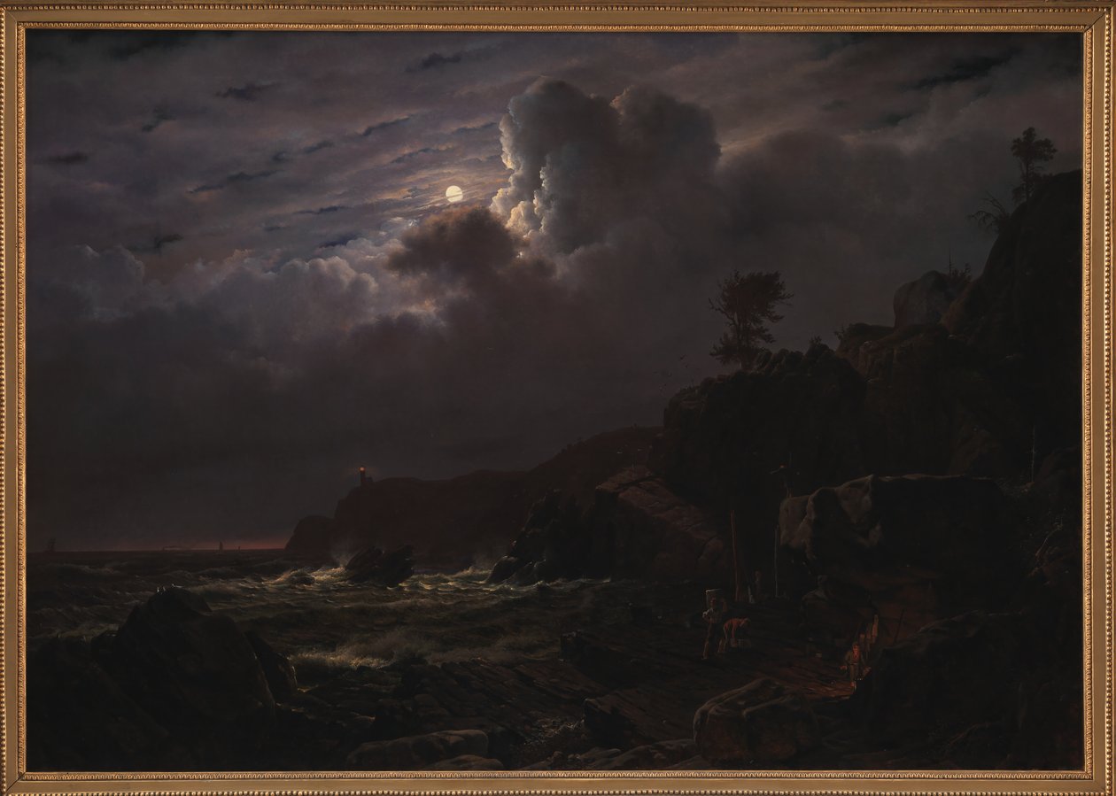Veduta di Kullen in Svezia. Contrabbandieri nascondono le loro merci tra le rocce. Chiaro di luna da Louis Gurlitt