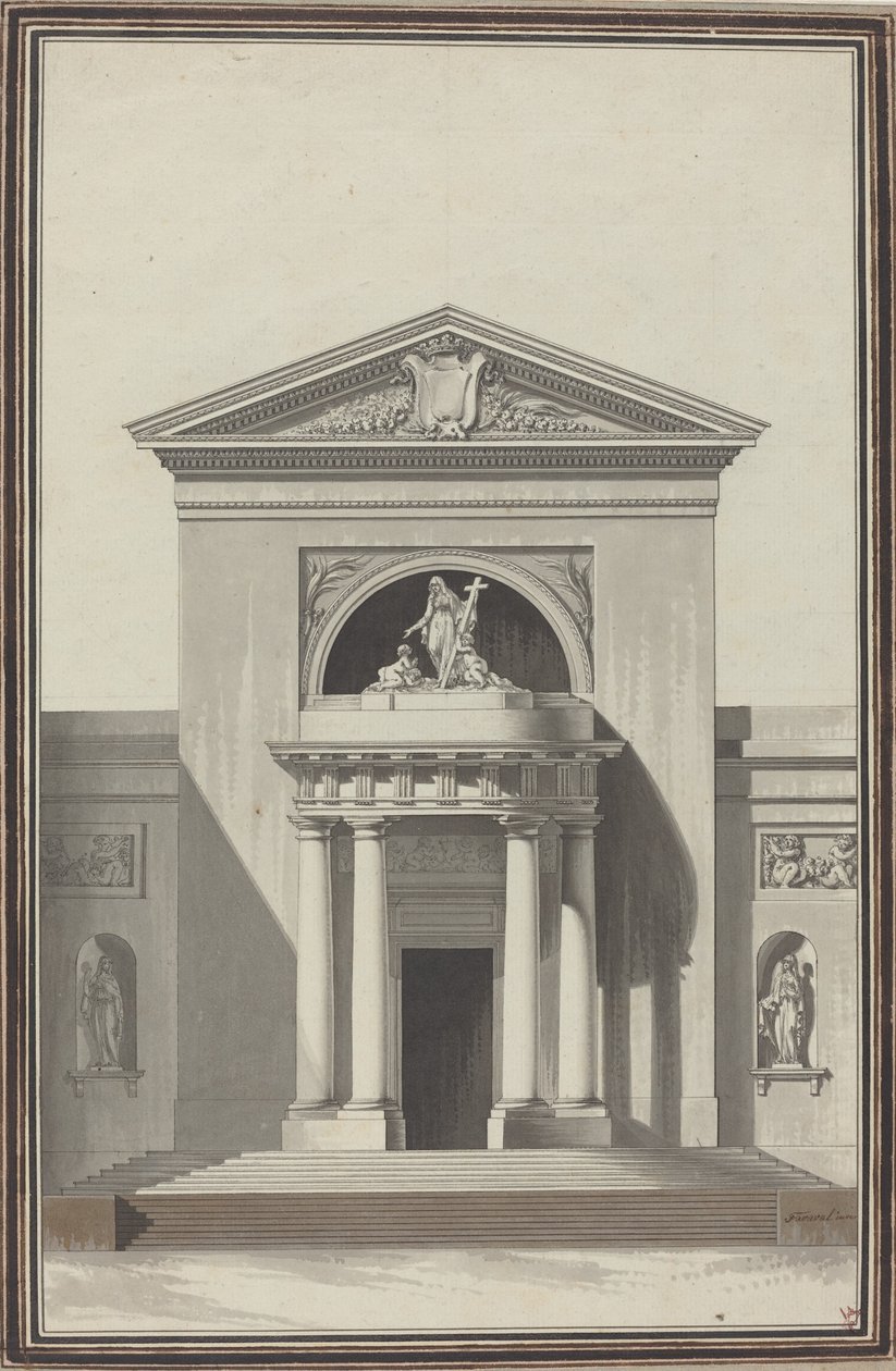 Facciata per una chiesa con una scultura rappresentante la Fede da Louis Gustave Taraval