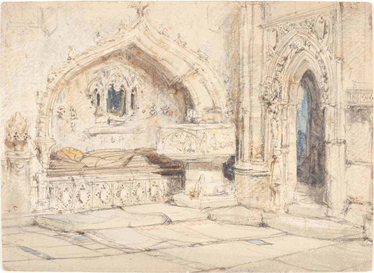 Interno di una chiesa con una tomba murale e fonte medievale da Louis Haghe