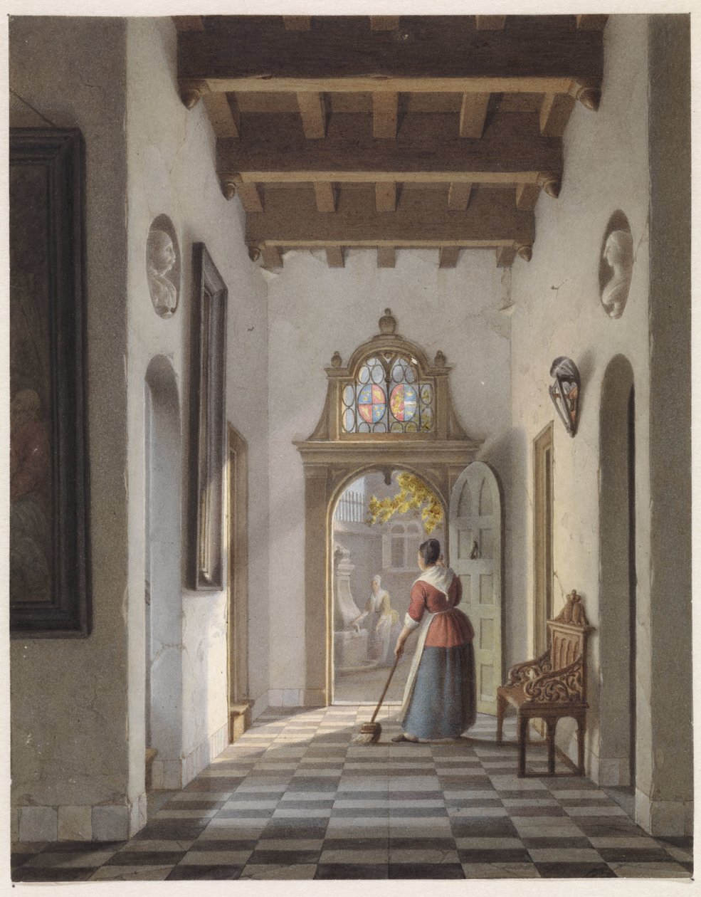 Serva che spazza il corridoio di una casa da Louis Henri de Fontenay