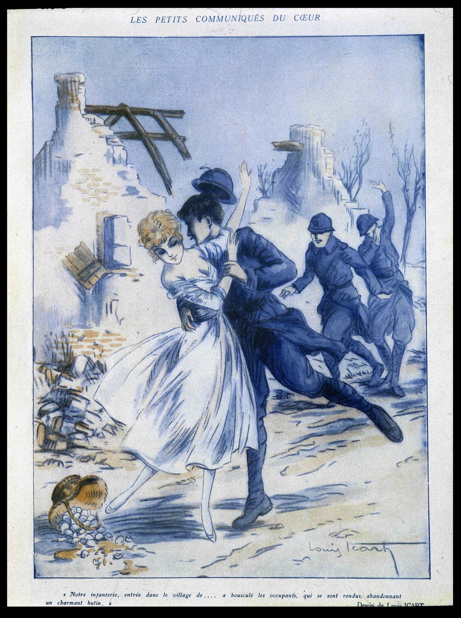 Soldati che entrano in città, uno bacia una donna, "charming spoil", Illustrazione di Louis Icart in "Fantasio" 15/12/1915 da Louis Icart