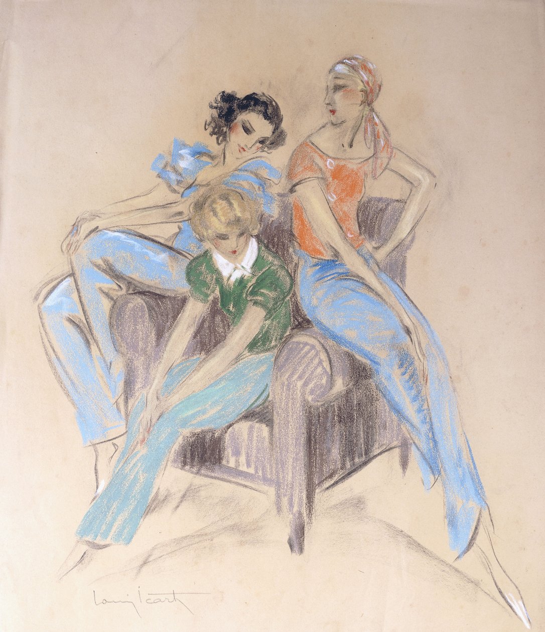 Tre ragazze sedute su una poltrona da Louis Icart
