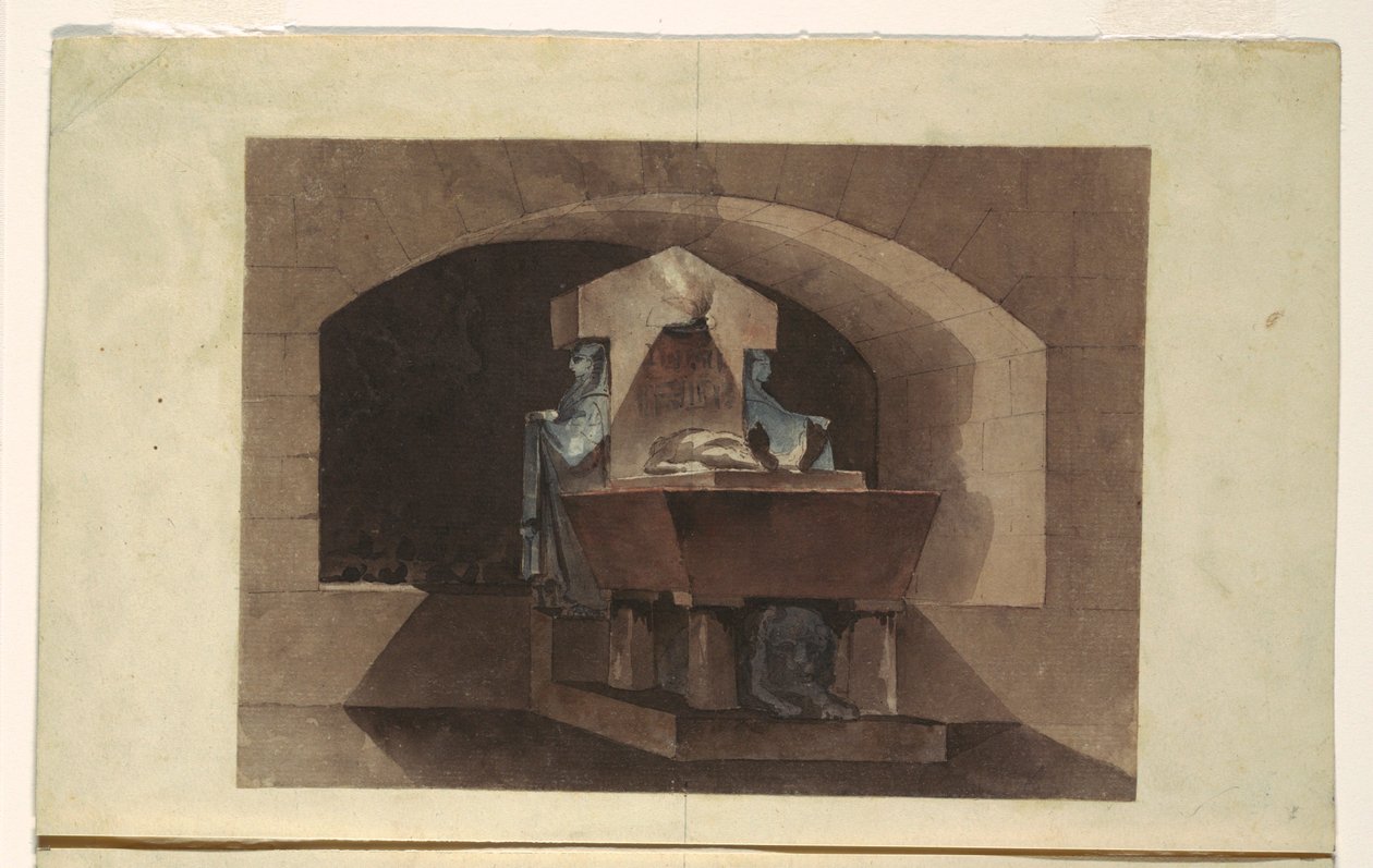 Disegno, Sepolcro in stile egizio con cariatidi e leone, 1779-84 ca. da Louis Jean Desprez