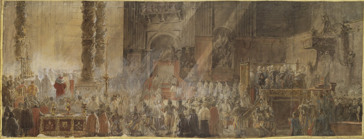 Il re Gustavo III di Svezia (1746-1792) assiste alla messa di Natale nella basilica di San Pietro in Vaticano, nel 1783 da Louis Jean Desprez