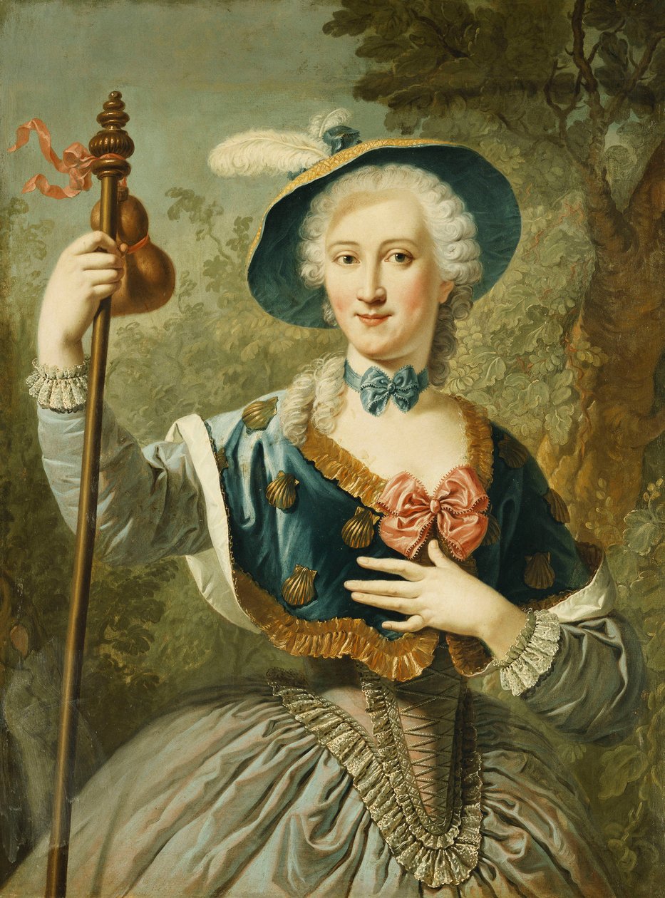 Ritratto di una signora, tre quarti di lunghezza, vestita da pellegrina, con cappello di paglia foderato di blu e piuma, 1747 da Louis Jean François Lagrenée