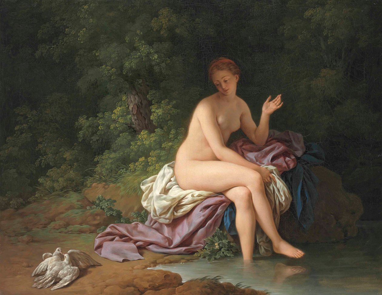 Una signora che fa il bagno in riva a un fiume con due tortore da Louis Jean François Lagrenée