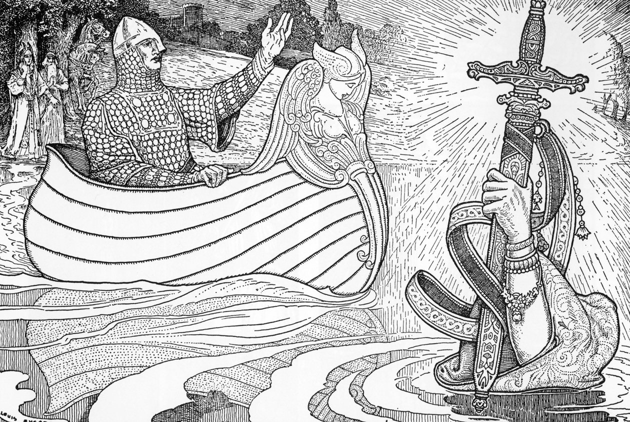 Rappresentazione della Dama del Lago (fata Viviana), personaggio delle leggende arturiane, che dona a Re Artù la spada Excalibur da Louis John Rhead