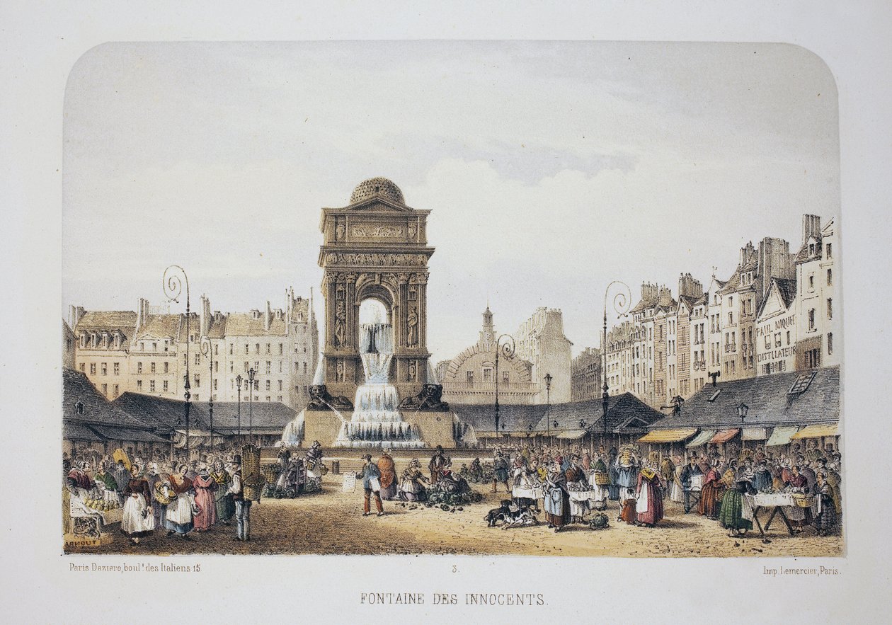 Fontana degli Innocenti (Fontana delle Ninfe), Parigi. Litografia acquarellata, illustrazione di Arnout, in "Album, souvenirs de Paris", editore Daziaro, Parigi da Louis Jules Arnout