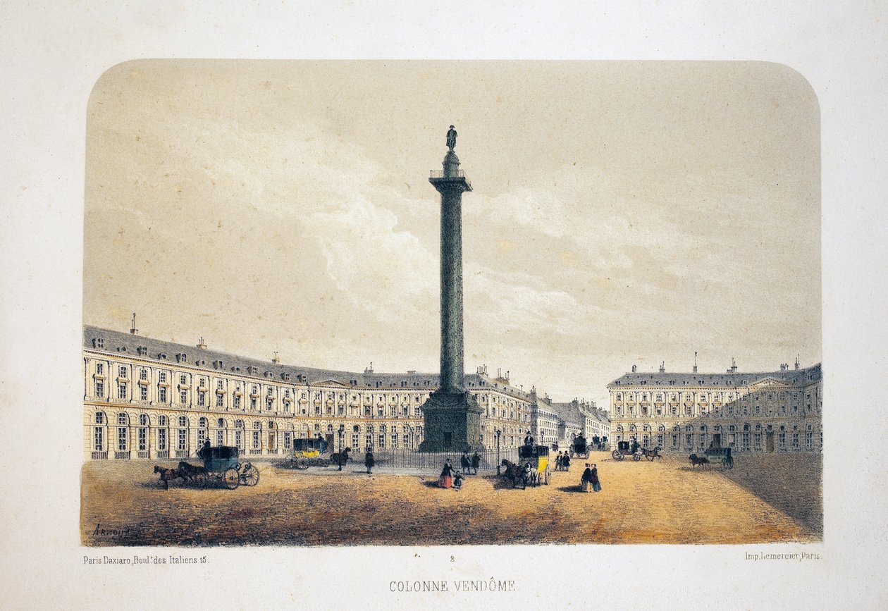 Colonna Vendome, Parigi. Litografia acquerellata, illustrazione di Arnout, in 