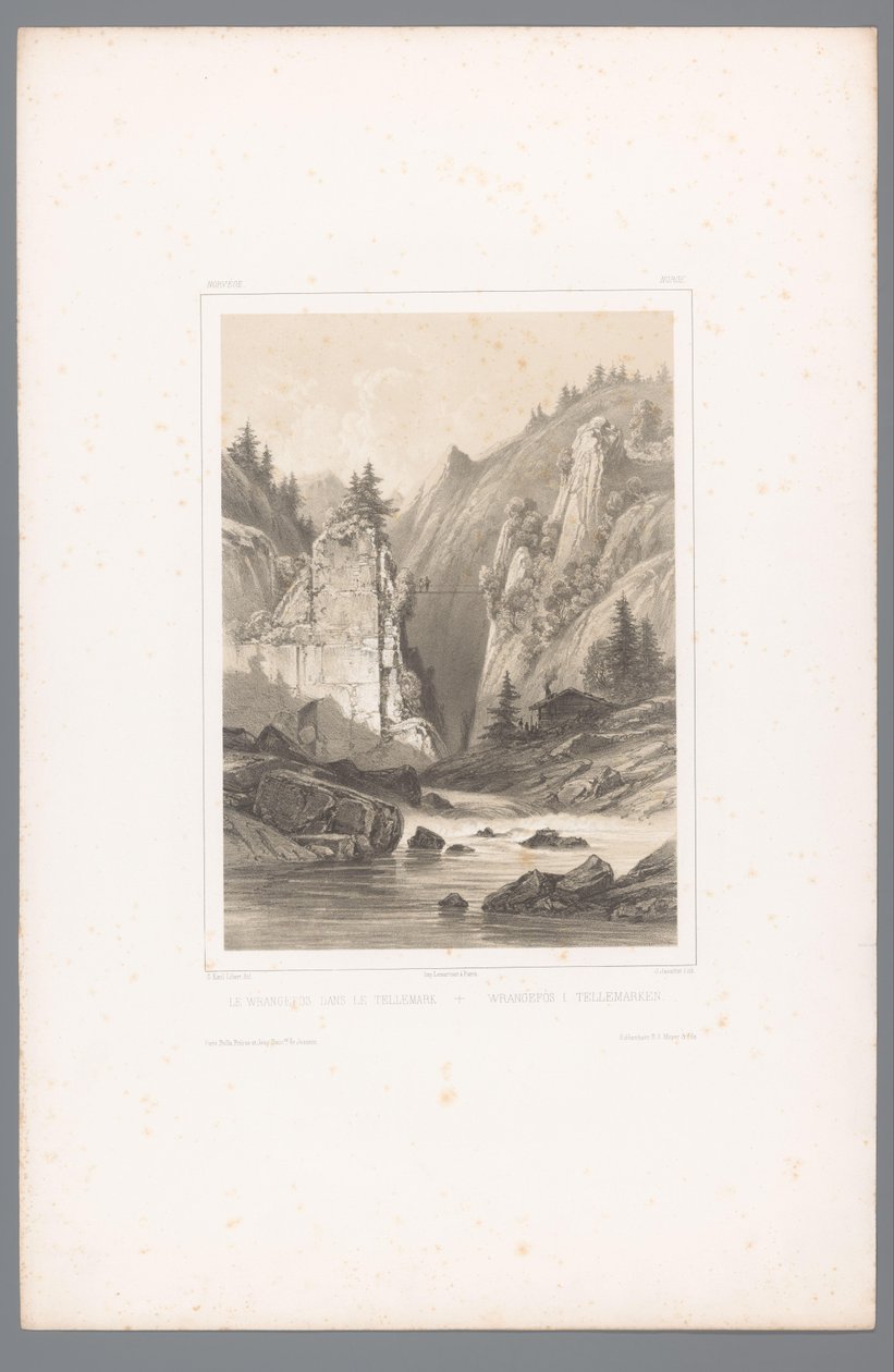 Veduta di un ponte su una gola rocciosa a Telemark da Louis Julien Jacottet