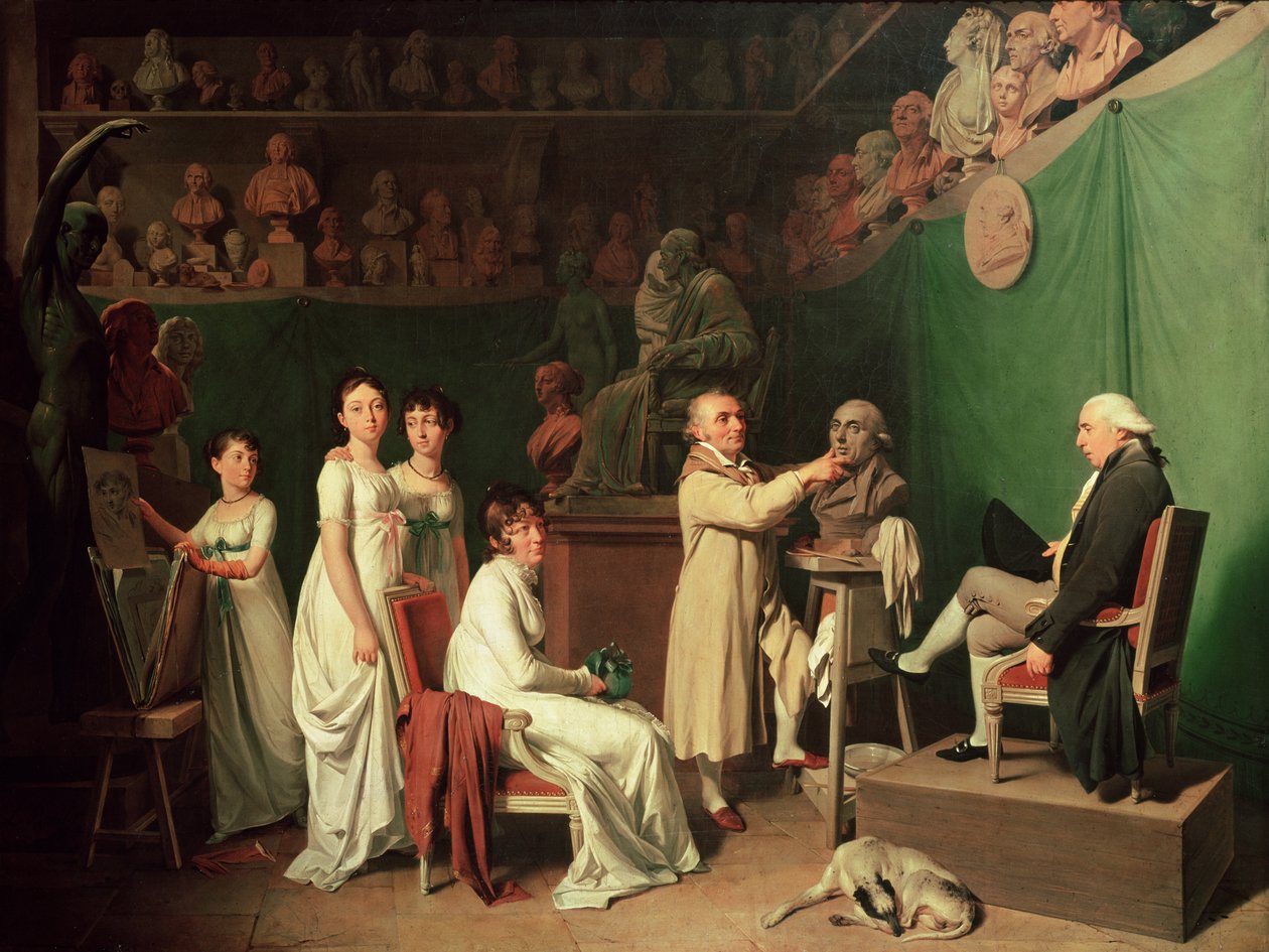 Jean Antoine Houdon (1741-1828) scolpisce il busto di Pierre Simon (1749-1827) Marchese de Laplace alla presenza di sua moglie e delle sue figlie, 1804 da Louis Leopold Boilly