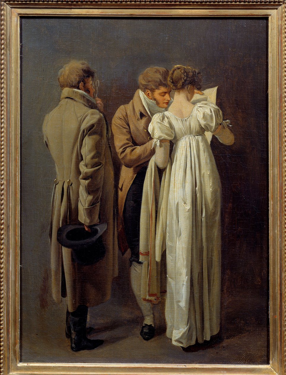 Amanti delle stampe Giovani vestiti alla moda del Primo Impero contemplano una stampa da Louis Leopold Boilly