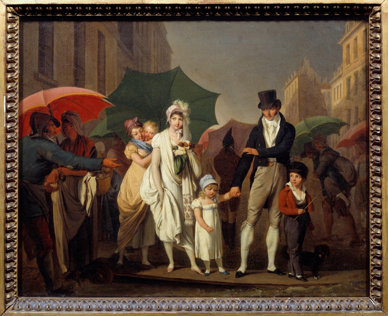I borghesi sotto la pioggia a Parigi in moda del Primo Impero. Dipinto di Louis Leopold Boilly (1761-1845) XIX secolo da Louis Leopold Boilly