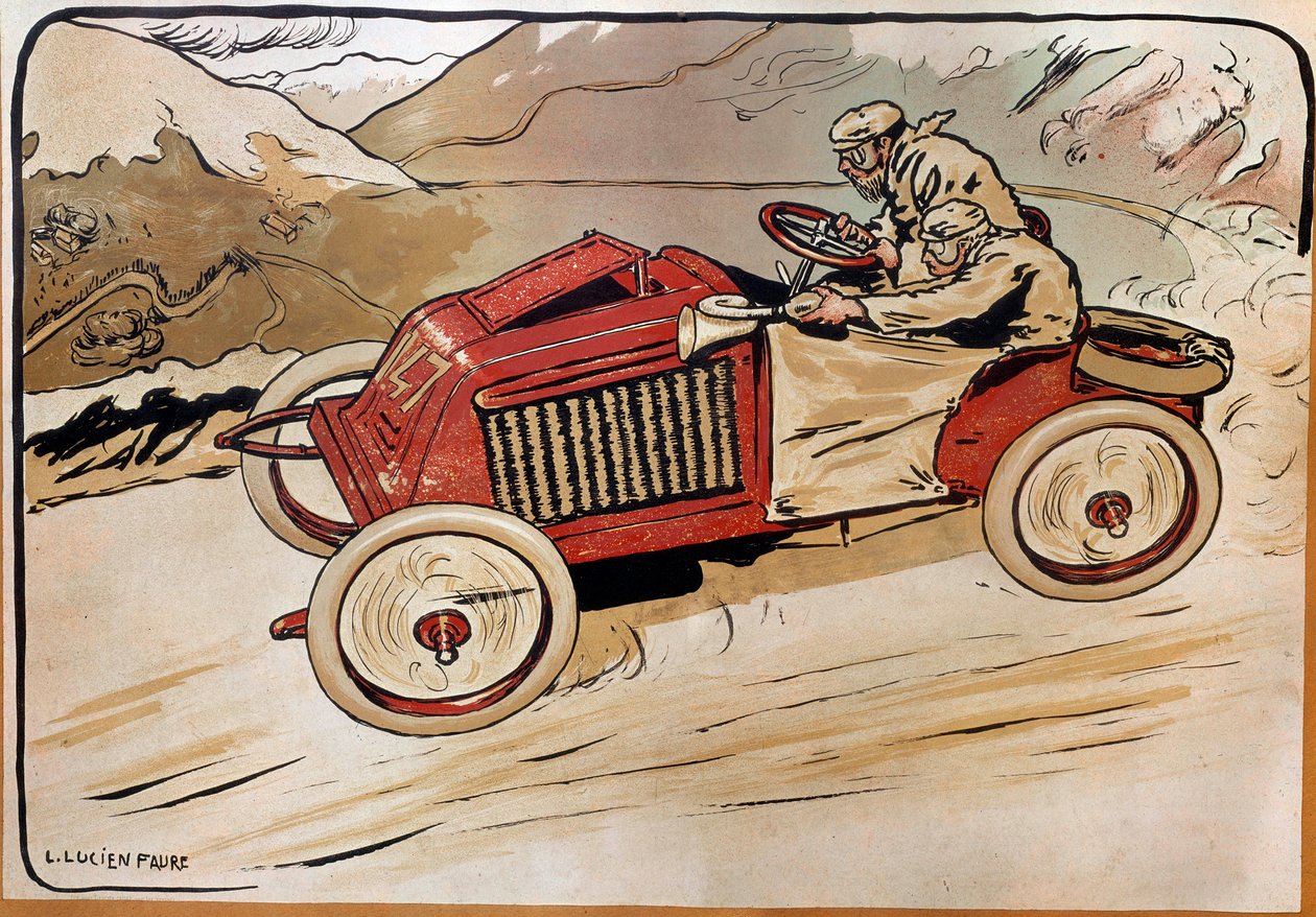 Automobile: una macchina da corsa. Marcel Renault (1872-1903) e Rene Vauthier attraversano le Alpi durante la gara PARIGI-VIENNA nel 1902 in auto 147. Litografia di Louis Lucien Faure Dujarric (1872-?), XX secolo. Conservatoire national des Arts et Metiers da Louis Lucien Faure Dujarric