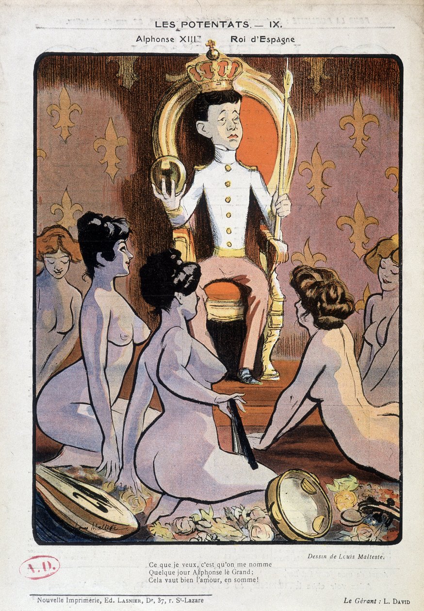 Ritratto caricaturale di Alfonso XIII, Re di Spagna, sul suo trono e circondato da donne nude - disegno di Louis Malteste, in 