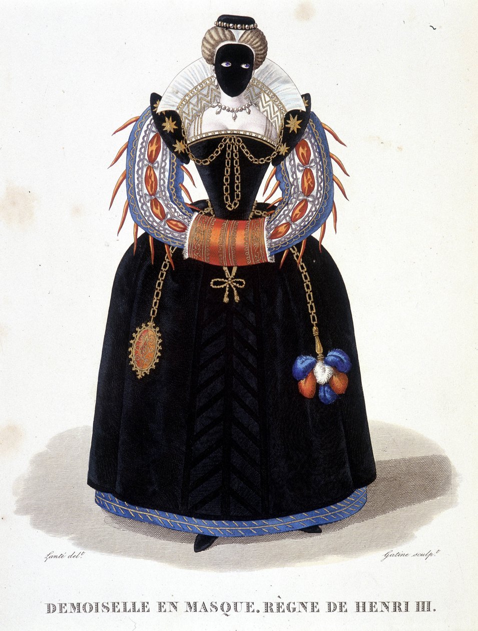 Ritratto di Signora in Maschera, seconda metà del 16° secolo. In "Galleria francese di donne celebri" da Louis Marie Lante
