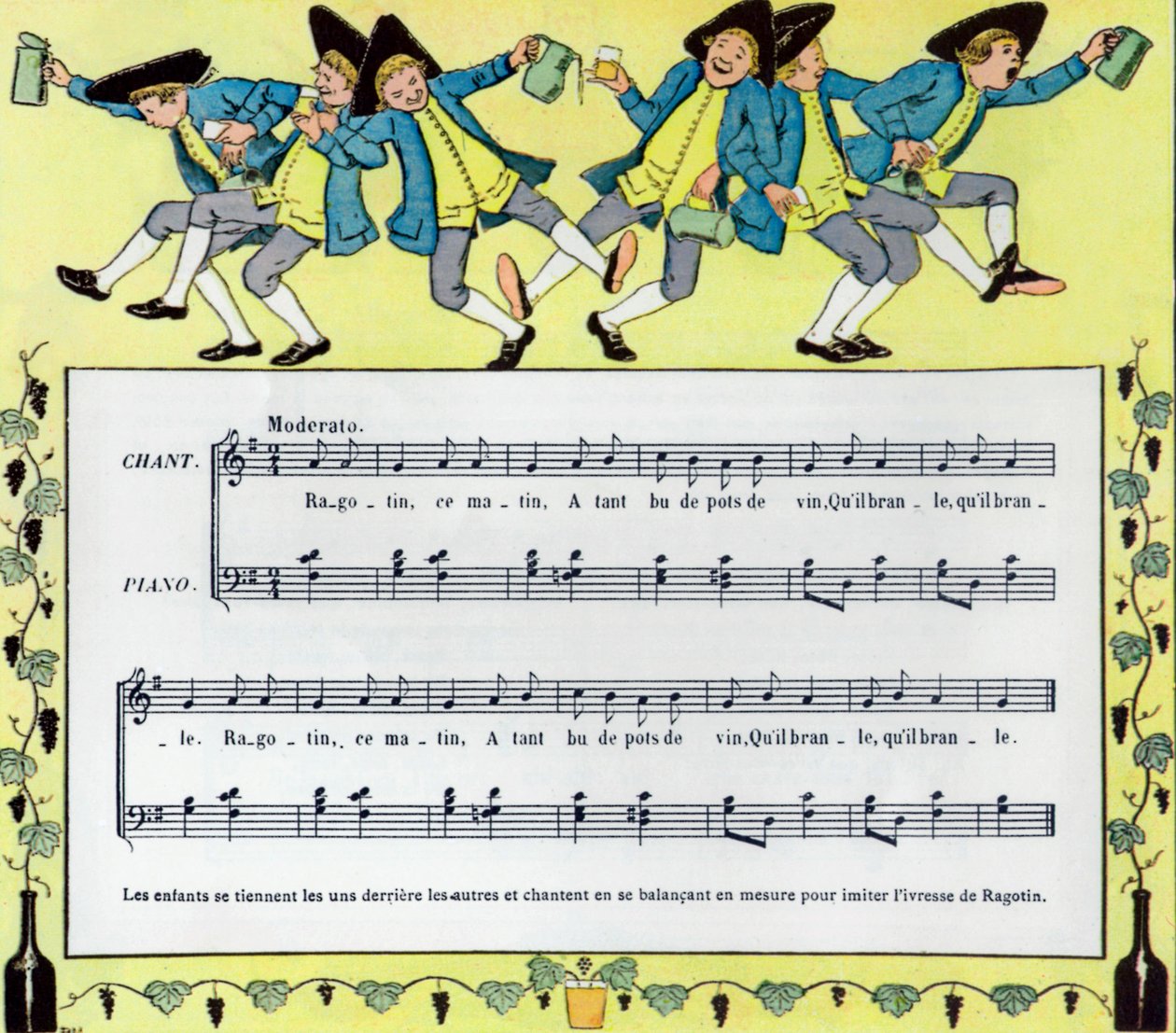 Spartito e illustrazione di Louis Maurice Boutet de Monvel della canzone per bambini Ragotin da Louis Maurice Boutet de Monvel