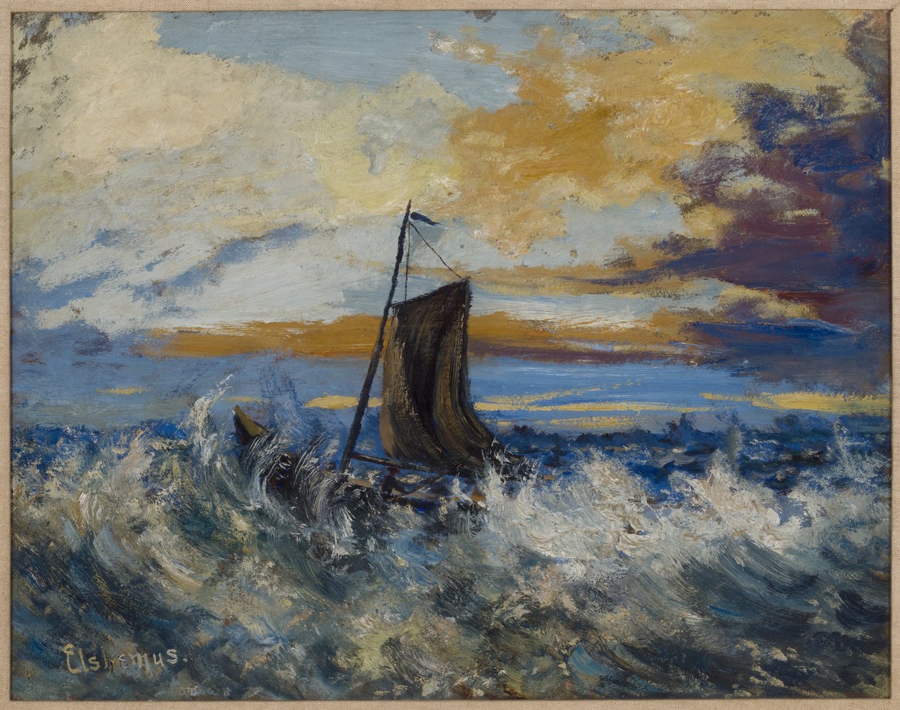 Barca a vela, mare in tempesta, 1907 circa (olio su cartoncino) da Louis Michel Eilshemius