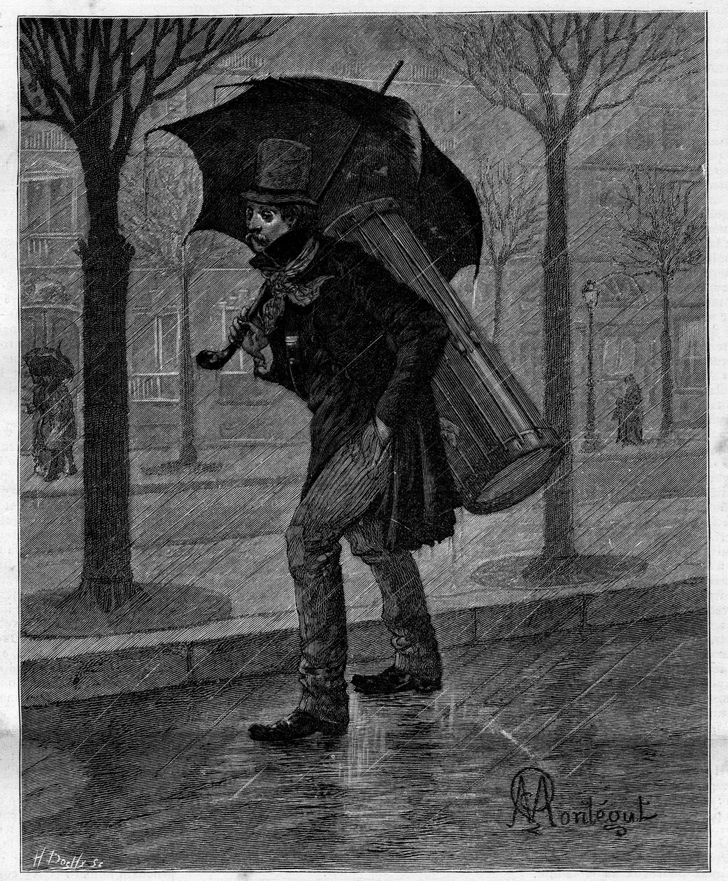 Povero raccolto! Povera cicala bagnata! ... Suonatore di tamburo in miseria che cammina sotto la pioggia per le strade di Parigi. In "Trenta anni di Parigi" raccolta autobiografica di Alphonse Daudet (1840-1897). Incisione dopo le illustrazioni di Montegut da Louis Montegut