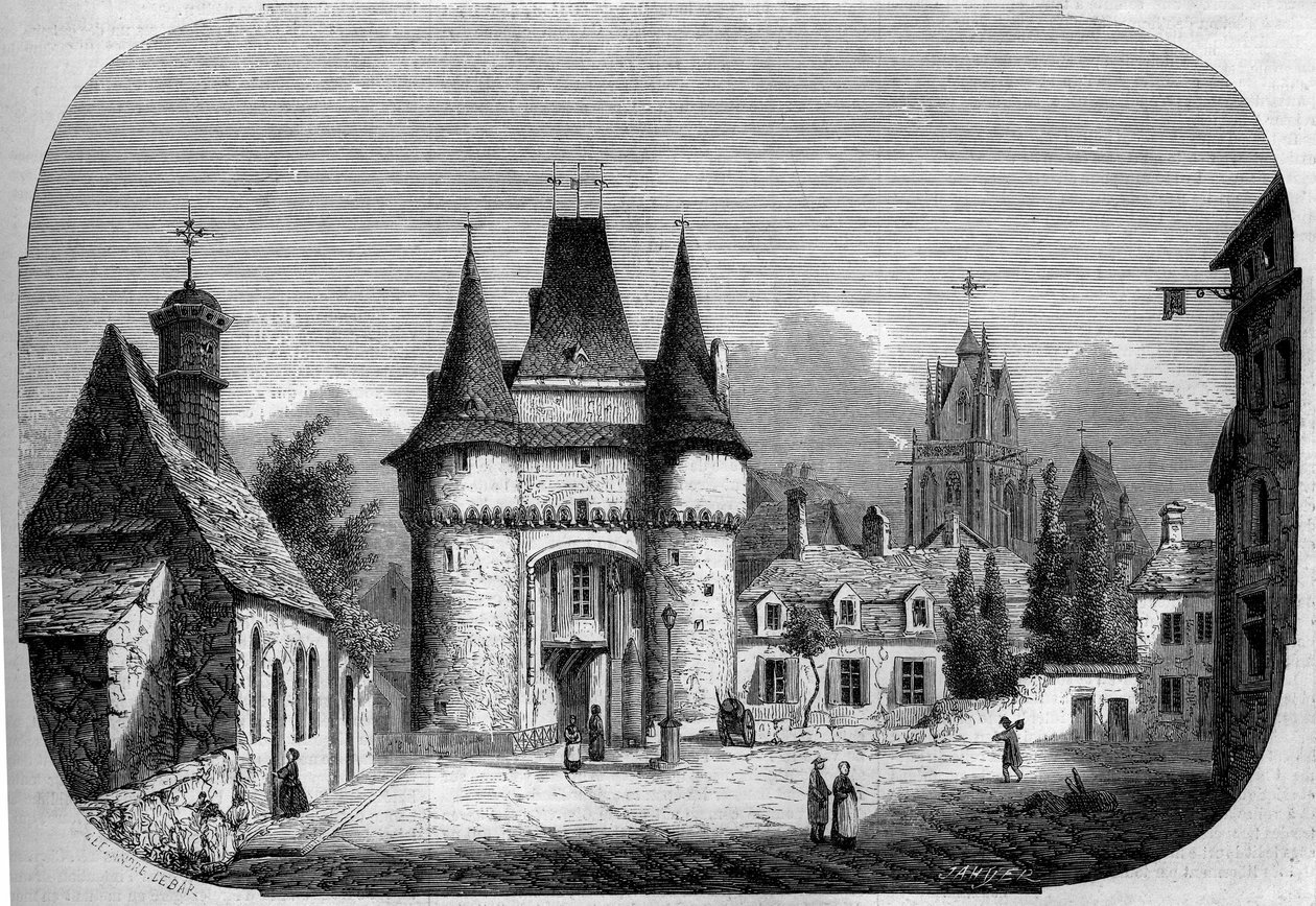 Architettura: vista della porta Saint Julien, sullo sfondo, vista della chiesa gotica Notre Dame des Marais. La Ferte Bernard, Sarthe. da Louis Moullin
