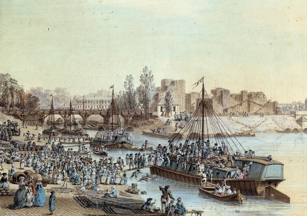 Nave carica di passeggeri che arriva al molo. Disegno di Louis de Lespinasse (1734-1808) 1782. Parigi, Museo Carnavalet da Louis Nicolas de Lespinasse