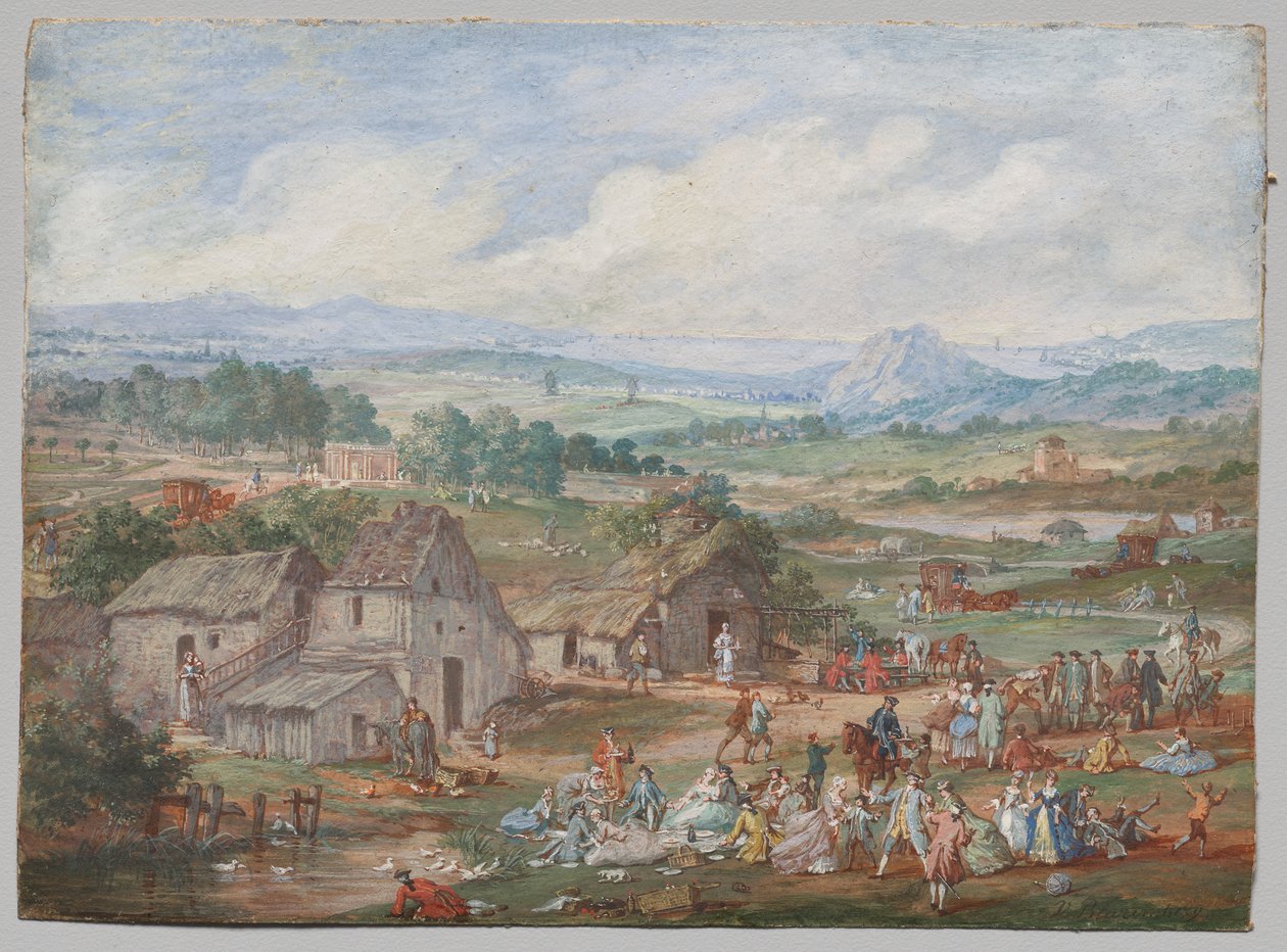 Una festa che fa picnic vicino a un villaggio da Louis Nicolas van Blarenberghe