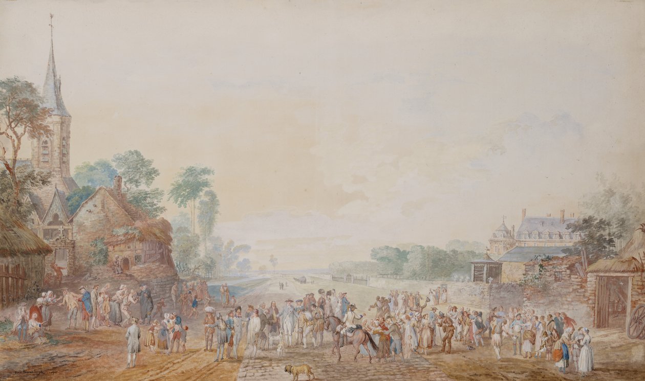 Il Duca di Penthievre con Benjamin Franklin alla sua destra durante una revisione del suo reggimento volontario vicino al suo castello a Rambouillet da Louis Nicolas van Blarenberghe