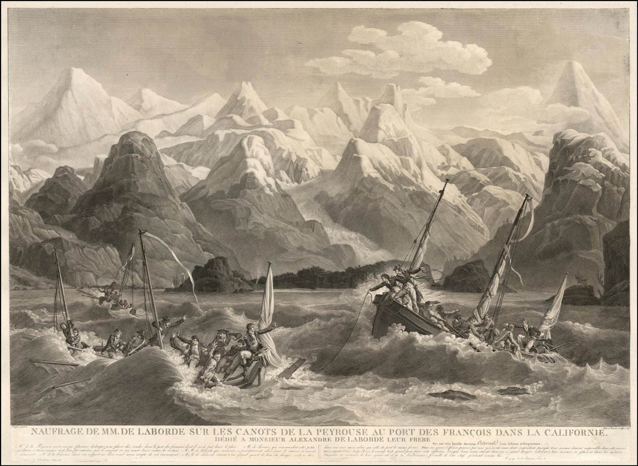 Incisione del 1786 raffigurante il naufragio di due piccole imbarcazioni che facevano parte della spedizione di La Perouse. da Louis Philippe Crepin