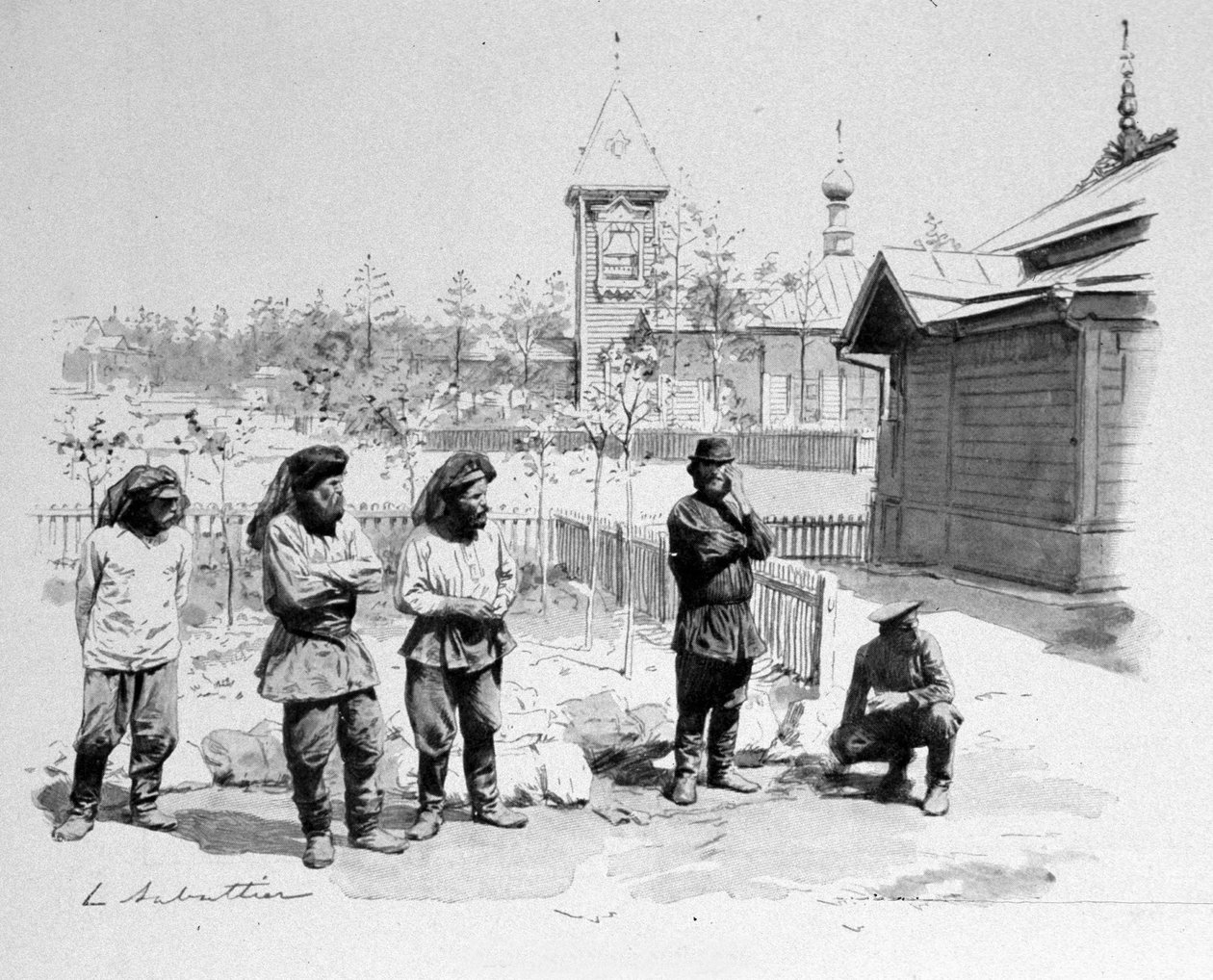 I contadini di un piccolo villaggio russo con una zanzariera sul viso e una stazione ferroviaria del Transiberiano. 1913. Illustrazione di Sabatier da Louis Remy Sabatier