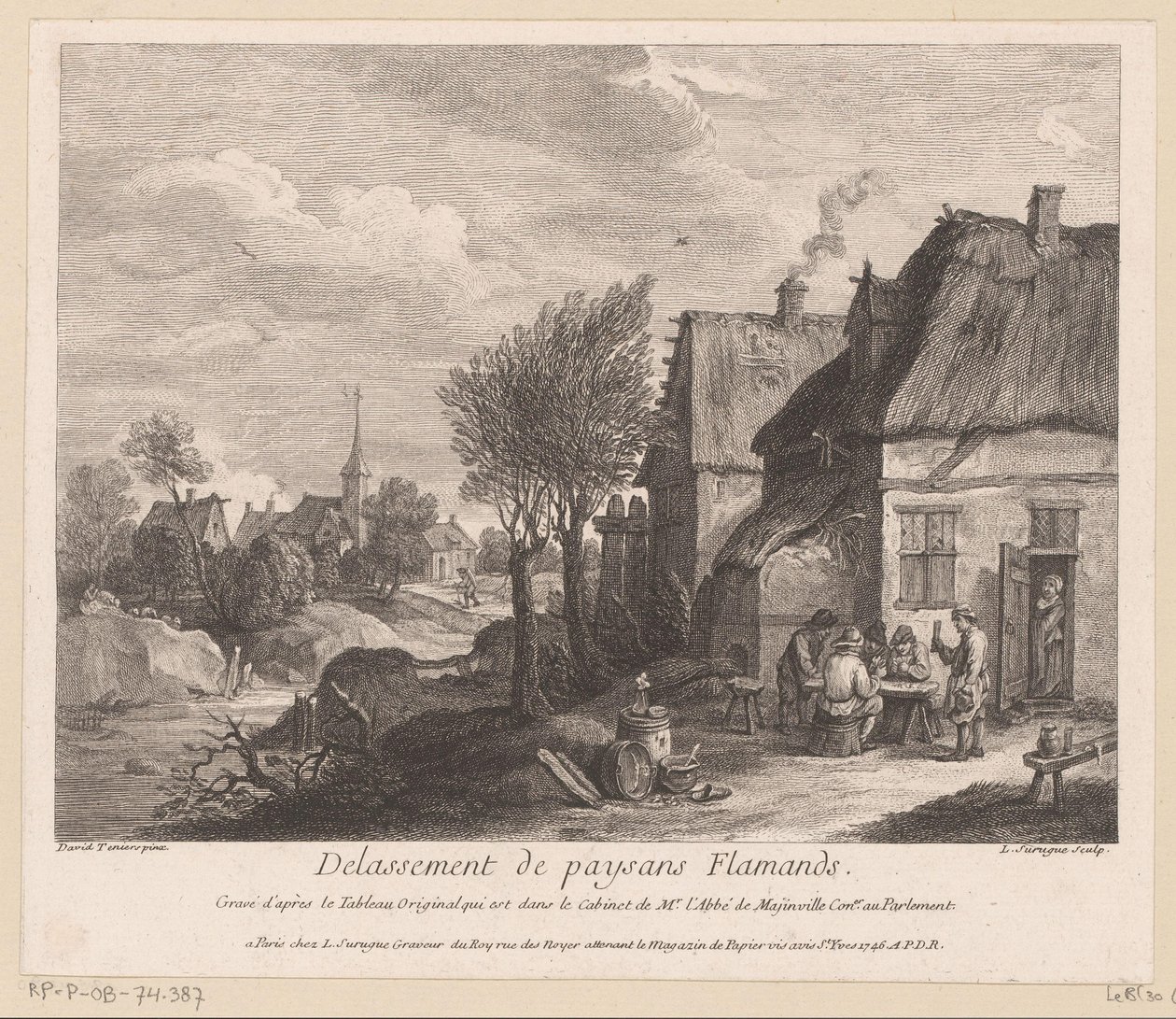 Vista di un villaggio fiammingo con contadini che giocano a carte da Louis Surugue