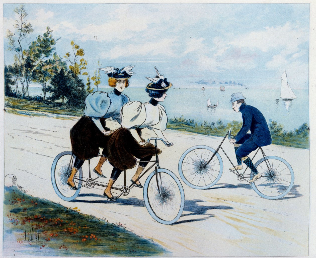 Passeggiata domenicale. Giro in bicicletta: un uomo in bicicletta guarda due donne su un tandem da Louis Vallet