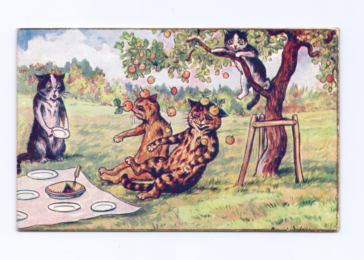 Cartolina vittoriana di auguri di mele che cadono su due gatti durante un picnic, c.1880 da Louis Wain