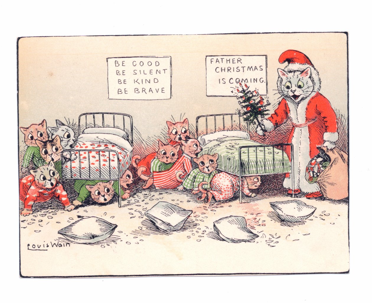Cartolina vittoriana di auguri di gattini che si rannicchiano per la paura alla vista di un gatto vestito da Babbo Natale, c.1880 da Louis Wain