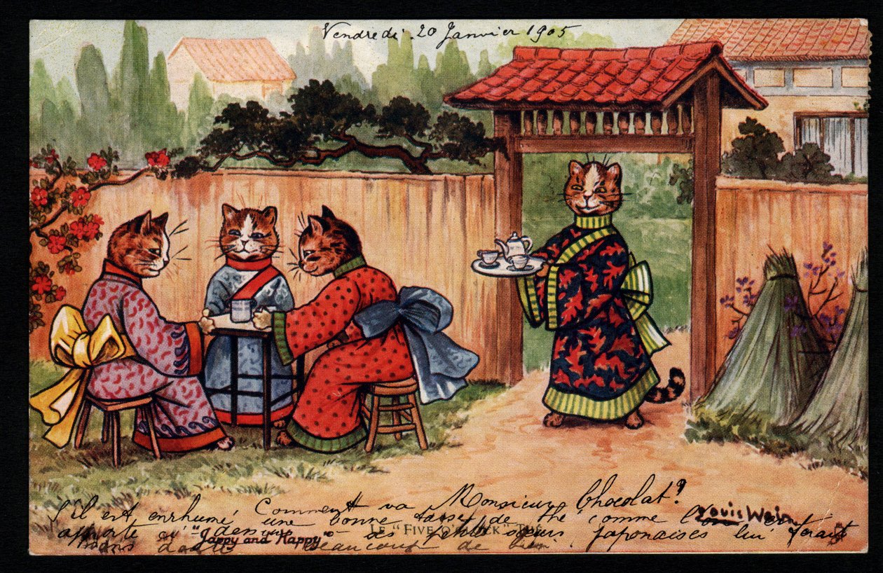 Animali in postura umana. Gatto in kimono che beve il tè in un giardino giapponese. Cartolina. Cromolitografia di Louis Wain (1860-1939), artista inglese noto per la sua rappresentazione di gatti dagli occhi grandi. Inizio del 20° secolo. Collezione privat da Louis Wain