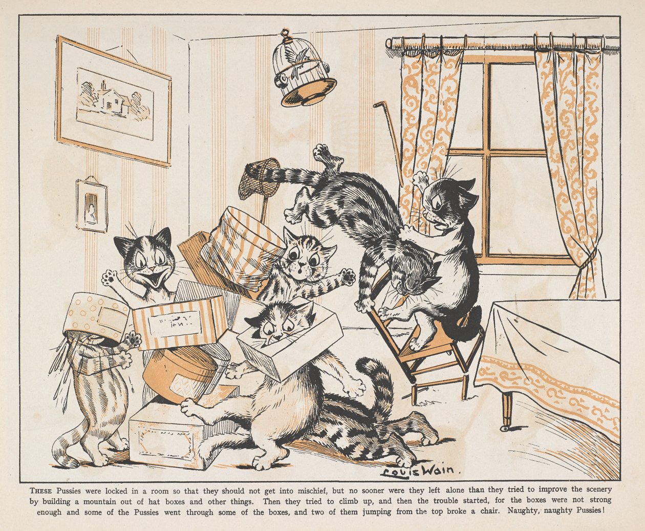 Gatti che giocano con scatole in una stanza da Louis Wain