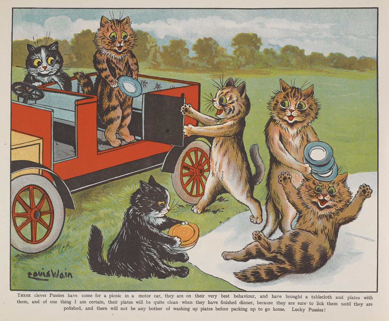 Gatti che si preparano per un picnic. da Louis Wain