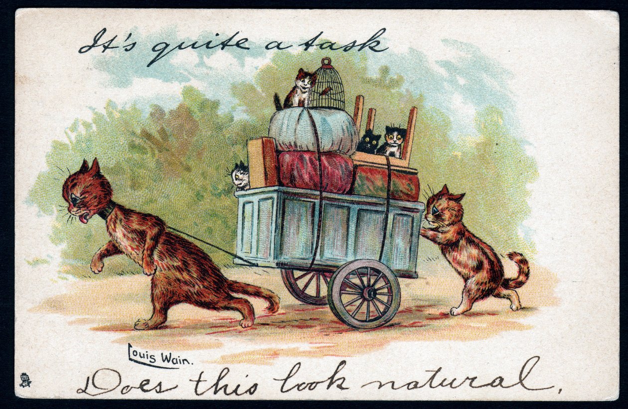 È un compito arduo, sembra naturale. Animali in postura umana. Gatti che tirano una carretta con i loro gattini e le loro cose per il trasloco. Cartolina. Cromolitografia di Louis Wain, artista inglese noto per la sua rappresentazione di gatti dagli occhi  da Louis Wain