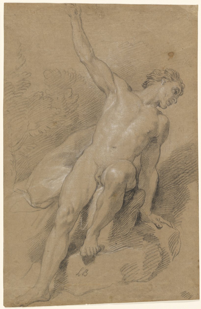 Nudo maschile seduto sulle rocce da Louis de Boullogne the Younger